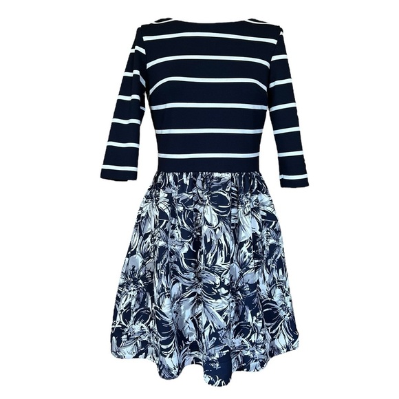 Dress Barn 10 Navy Blue Gray Ehite Stripe Floral Knee Length Dress Modest - Picture 2 of 10